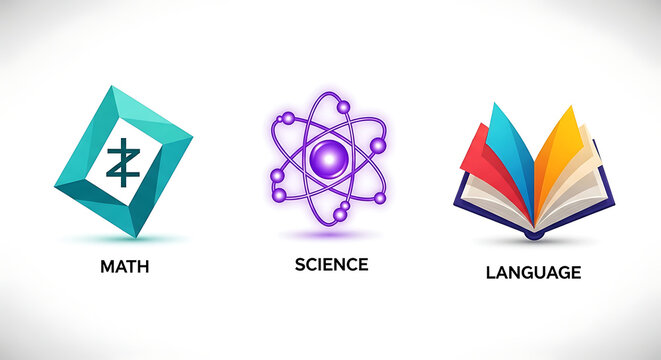 Icons representing math science and language arts on a white background showing education subjects ai generated - Powered by Adobe