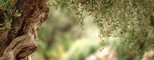 Fototapeta premium The ancient olive tree with lush green leaves and textured bark.