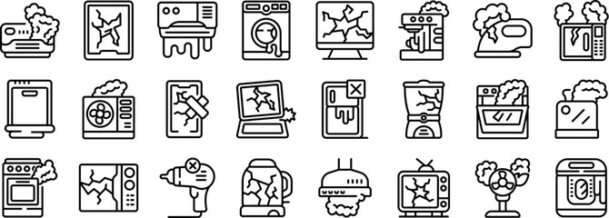 Broken appliances icons set. Set of icons depicting damaged household appliances in line art style