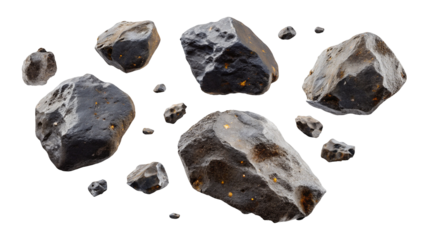 Natural black meteorite rocks with metallic surface floating in dark outer space environment