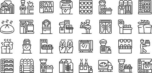 Bread factory icons set. Bakery production line, bread making process, industrial baking equipment, and workers involved in food processing