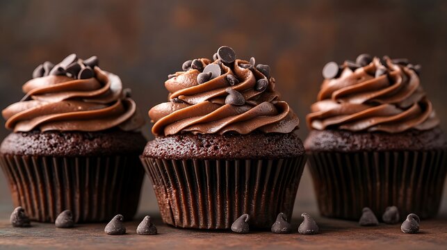 Row of chocolate cupcakes topped with rich chocolate frosting and chocolate chips set against a deep mocha brown background
