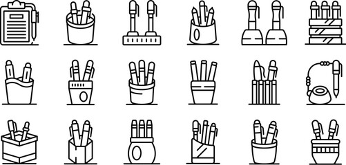 Pen holder icons set. Office supplies icons represent various writing instruments and holders, enhancing workspace organization and efficiency