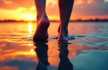 Woman walking in water at sunset creating peaceful and relaxing scene with warm colors and calm reflections