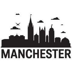 Obraz premium Vector Manchester skyline. Travel Manchester famous landmarks. Business and tourism concept for presentation, banner, web site. Vector black silhouette. with white background