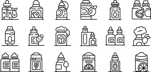 Vape refill icons set. Vape liquid bottles with various fruit and berry flavorings are depicted in a minimalist line art style, highlighting different packaging designs