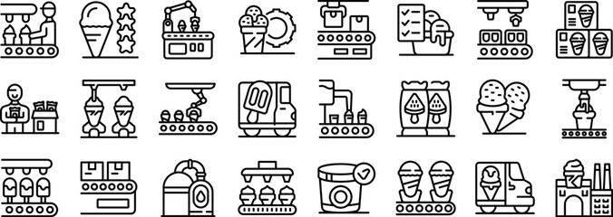 Ice cream factory icons set. Automated production line manufacturing ice cream, cones, and popsicles, ensuring quality and efficiency in a factory setting