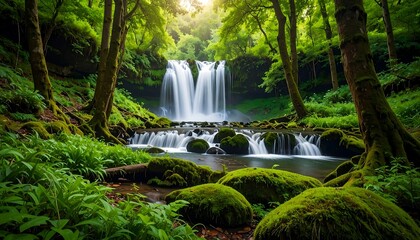 Lush waterfall cascading through forest