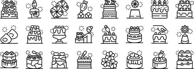 Cake decorating icons set. Collection of line icons representing pastry chefs making cakes, various types of cakes, and cake decorations