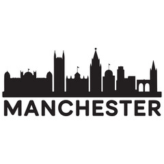 Fototapeta premium Vector Manchester skyline. Travel Manchester famous landmarks. Business and tourism concept for presentation, banner, web site. Vector black silhouette. with white background