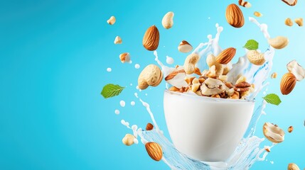 Floating nuts with dramatic milk splash, framed in bright and fresh blue tone