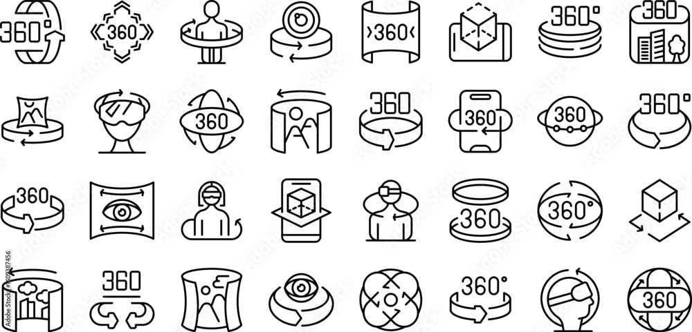 Poster 360 degree view icons set. set of 360 degrees rotation technology icons depicting concepts such as v