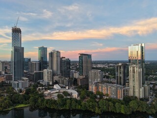 Beautiful Austin skyline during sunset with a stunning aerial drone view 