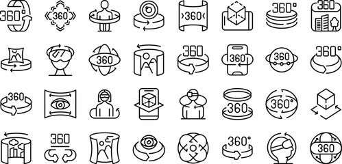 360 degree view icons set. Set of 360 degrees rotation technology icons depicting concepts such as virtual reality, panoramic view, augmented reality, and object rotation