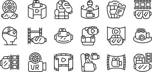 VR cinema icons set. Collection of virtual reality icons showcasing various tech concepts and activities