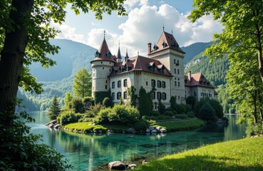 Obraz premium Castle surrounded by lush greenery and a tranquil lake with mountains in the background