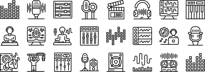 Sound engineer icons set. Icons representing sound recording, audio production, mixing, mastering, and other related activities