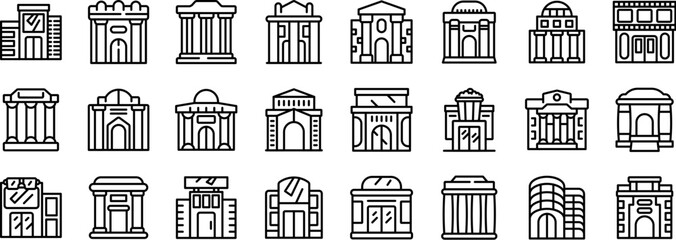 Theatre architecture icons set. Line drawing icons representing various government buildings, including courthouses, museums, banks, and other municipal structures