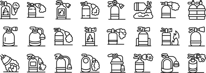Fire suppression foam icons set. Different types of fire extinguishers spraying extinguishing agent, line icons showing how to put out a fire