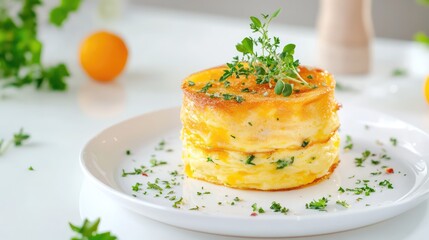 Fluffy golden omelet sprinkled with herbs on a glossy white plate, styled in a bright minimalist kitchen scene