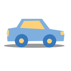 Simple cartoon illustration of a light blue car with yellow windows and wheels, casting a grey shadow.