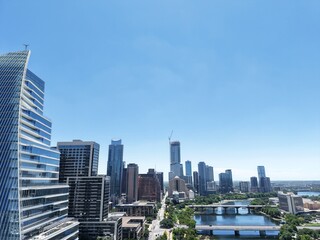 Naklejka premium Beautiful Austin skyline during sunset with a stunning aerial drone view 