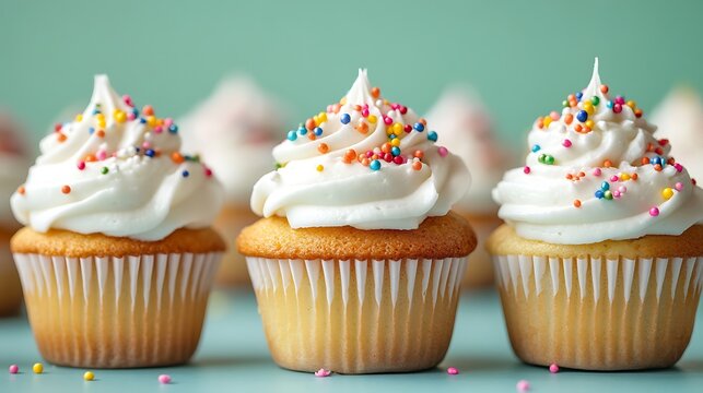 Row of vanilla cupcakes topped with white frosting and colorful sprinkles set against a soft pastel green background