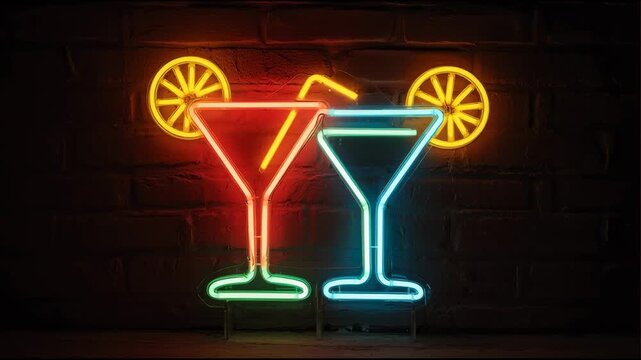 Bright neon cocktail glass sign glowing in the dark at a bar or lounge