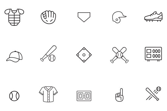 Baseball line icon set, sports equipment and game symbols in outline style