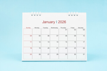 January 2026, Monthly desk calendar for 2026 year on Blue color background.