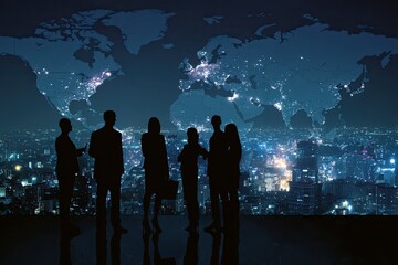 Silhouette of business people overlooking a global cityscape at night