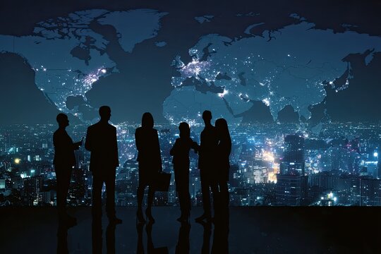 Silhouette of business people overlooking a global cityscape at night - Powered by Adobe