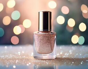 sparkling nail polish bottle on a soft white surface with a dreamy bokeh background in pastel colors