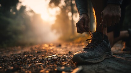 Runner tying shoelaces on trail early morning soft diffuse sunlight and forest path background