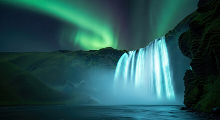 A waterfall illuminated by the aurora borealis cascading down a cliff at nighttime landscape view