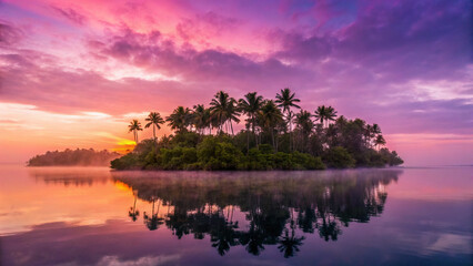Breathtaking tropical island paradise emerges from misty calm waters under a vibrant sunrise sky painted with fiery oranges and soft purples, creating a serene and magical coastal escape.