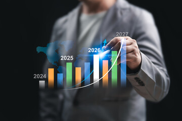Goal Business 2026 Business Analysis, finance growth graph, Marketing targets concept, Businessman show business growth and financials compared last year data and target plans investment development