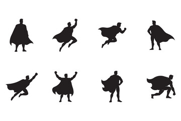 Superhero silhouette set, collection of powerful hero characters with capes in various dynamic action poses like flying and standing