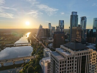 Beautiful Austin skyline during sunset with a stunning aerial drone view 