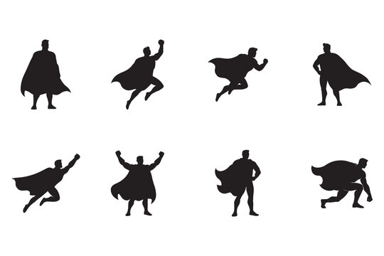 Superhero silhouette set, collection of powerful hero characters with capes in various dynamic action poses like flying and standing