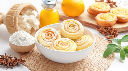 Freshly made spiral snacks in bowl with flour, spices, and ingredients softly styled on a woven mat