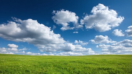 Fototapeta premium Lush green field under a vibrant blue sky dotted with fluffy white clouds, a serene landscape evoking feelings of peace and openness.
