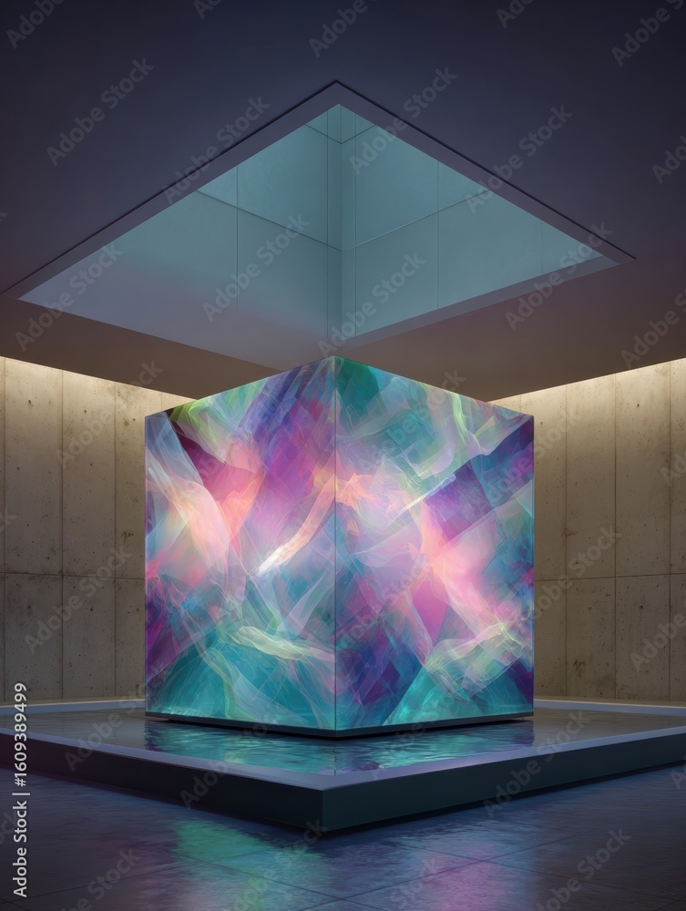 Poster glowing abstract cube billboard situated inside an art gallery during evening hours set against mini