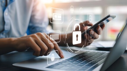 Person using smartphone and laptop with digital security icons and glowing padlock overlay