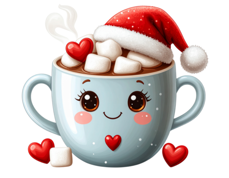 Cartoon Hot Cocoa Mug with Smiley Face and Christmas Hat, Cute Festive Character, Transparent PNG