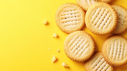 Golden cookies arranged on yellow background, capturing texture, color, and deliciousness