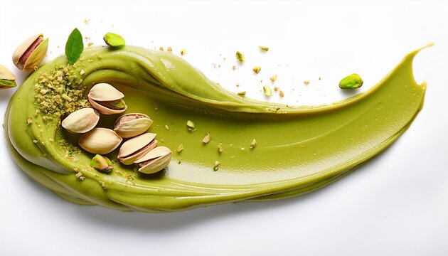smear of vegan green pistachio nut butter spread topped with pistachio nut shavings on white background ideal for pistachio latte and pistachio kunefe chocolate bar