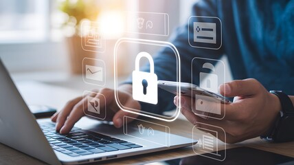Man using laptop and phone with digital security icons and padlock overlay