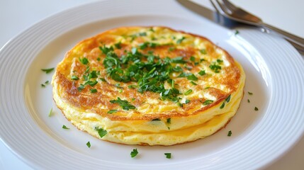 Healthy omelet with golden surface, topped with green herbs, arranged on white plate with cutlery nearby