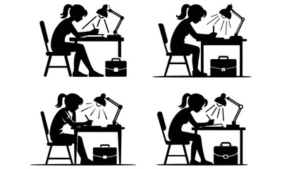 Fototapeta premium Silhouette of girl studying at desk under lamp in focused learning environment 